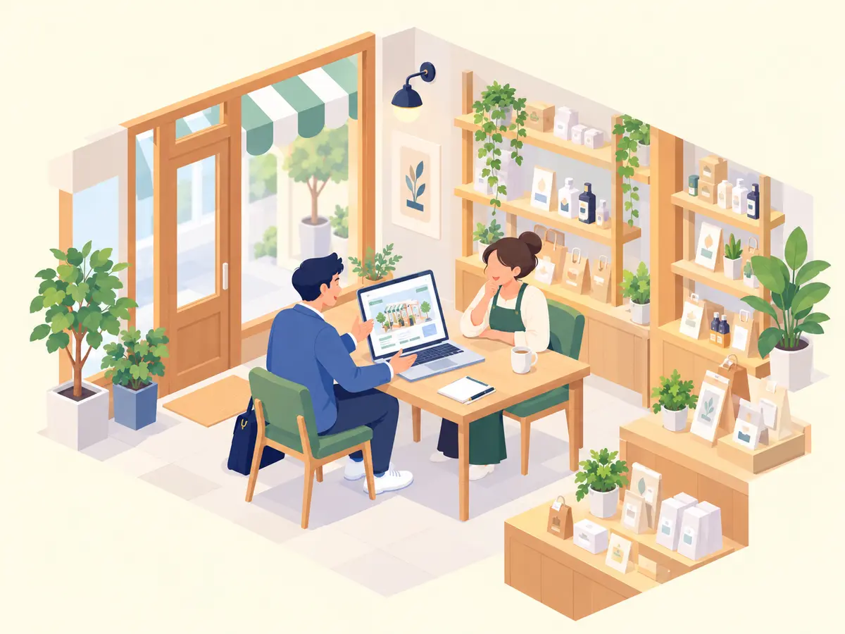 完成に近いホームページをノートパソコンで一緒に確認する店主とスタッフ