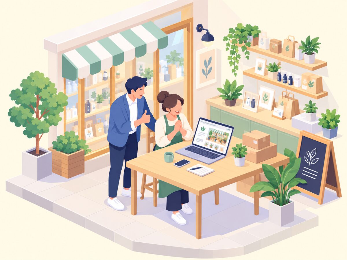 公開したホームページを見て喜ぶ店主とスタッフ