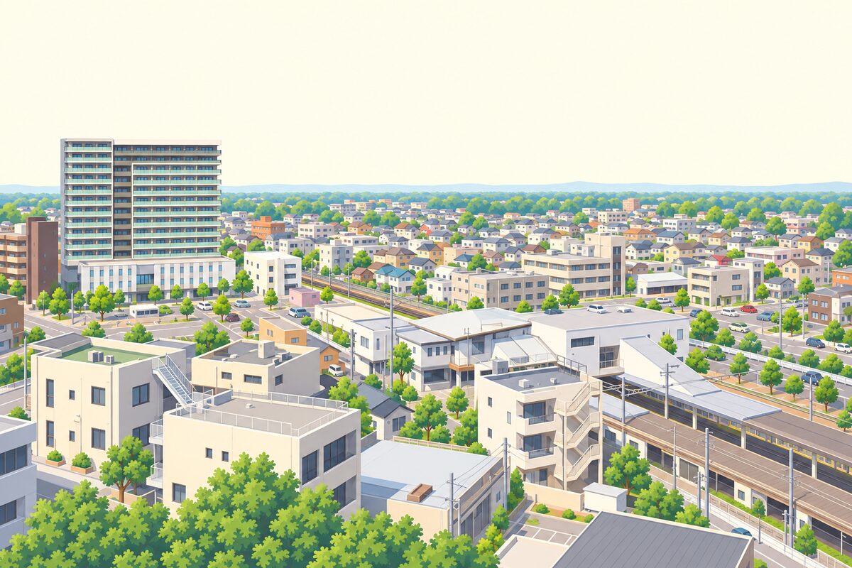 駅と住宅街が広がる町を見渡す風景